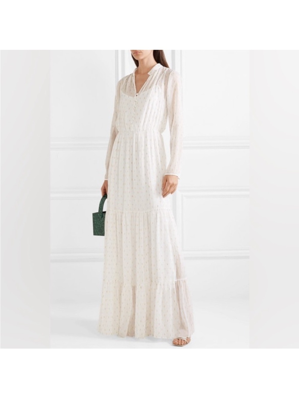 Salon NWT White Long Sleeve Maxi Dress with Metallic Gold Thread Dots